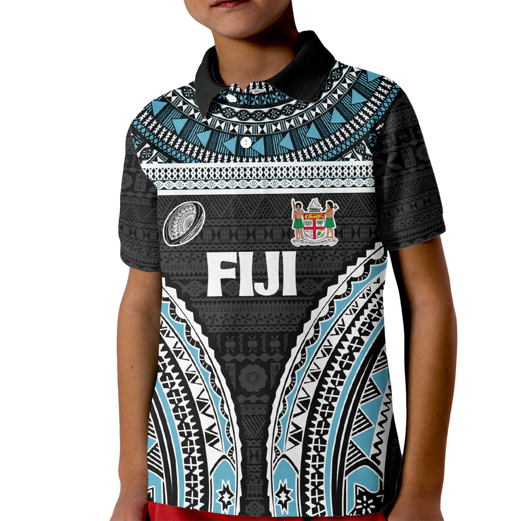 Custom Flying Fijians Rugby Kid Polo Shirt Tapa Tribal Cloth Black Color LT03 Kid Black - Polynesian Pride