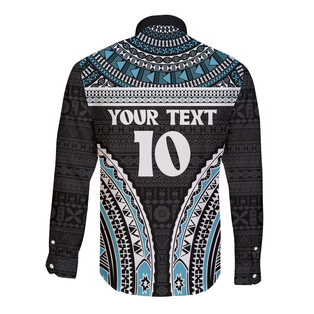 Custom Flying Fijians Rugby Long Sleeve Button Shirt Tapa Tribal Cloth Black Color LT03 - Polynesian Pride