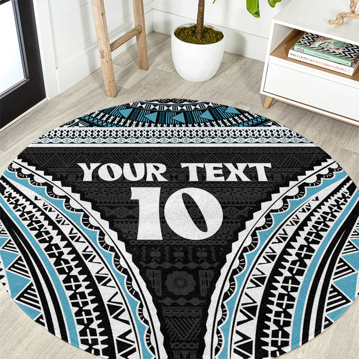 Custom Flying Fijians Rugby Round Carpet Tapa Tribal Cloth Black Color