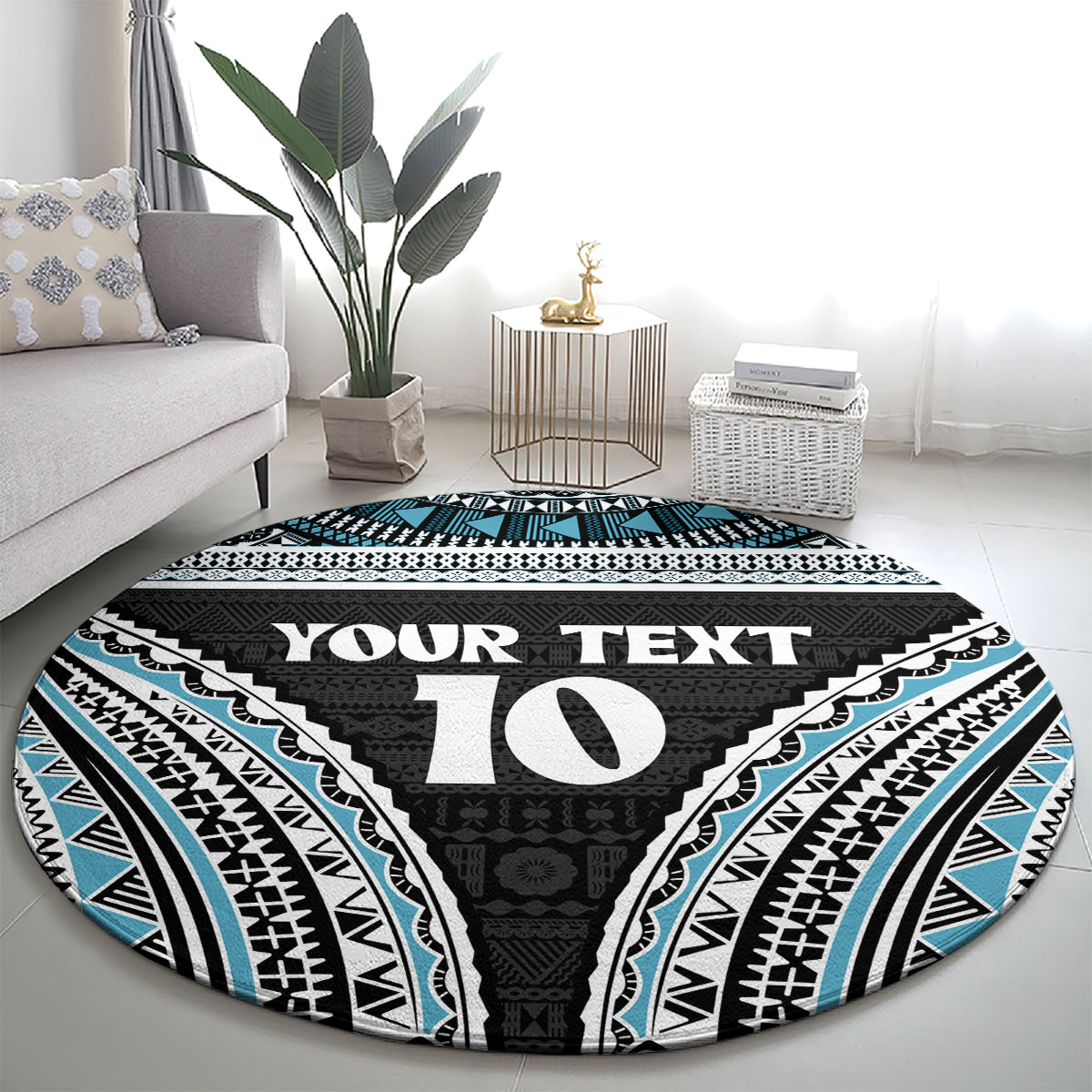 Custom Flying Fijians Rugby Round Carpet Tapa Tribal Cloth Black Color