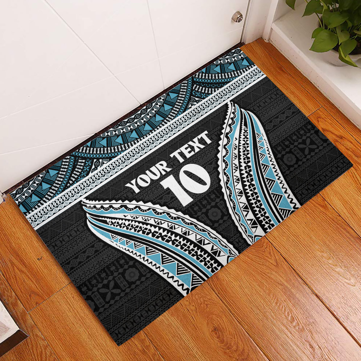 Custom Flying Fijians Rugby Rubber Doormat Tapa Tribal Cloth Black Color