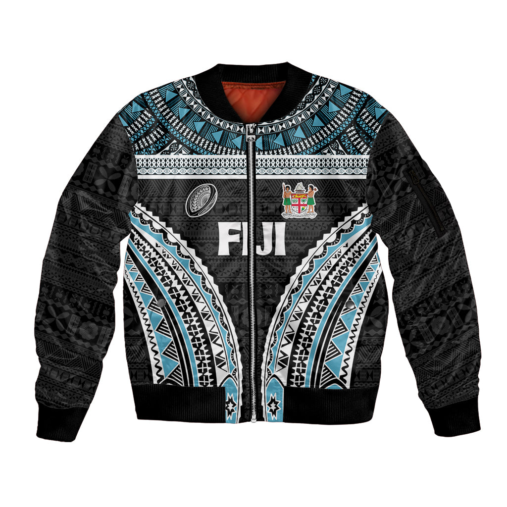 Custom Flying Fijians Rugby Sleeve Zip Bomber Jacket Tapa Tribal Cloth Black Color LT03 Unisex Black - Polynesian Pride