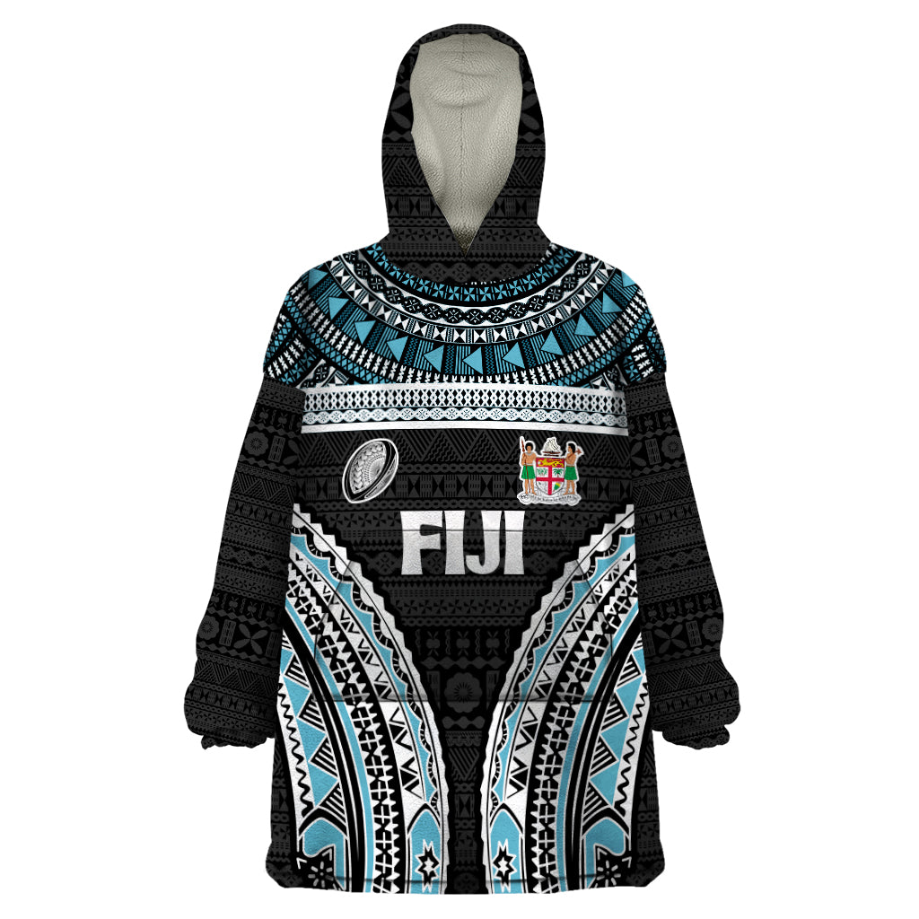 Custom Flying Fijians Rugby Wearable Blanket Hoodie Tapa Tribal Cloth Black Color LT03 One Size Black - Polynesian Pride