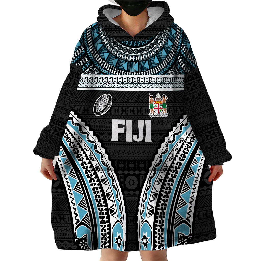 Custom Flying Fijians Rugby Wearable Blanket Hoodie Tapa Tribal Cloth Black Color LT03 - Polynesian Pride