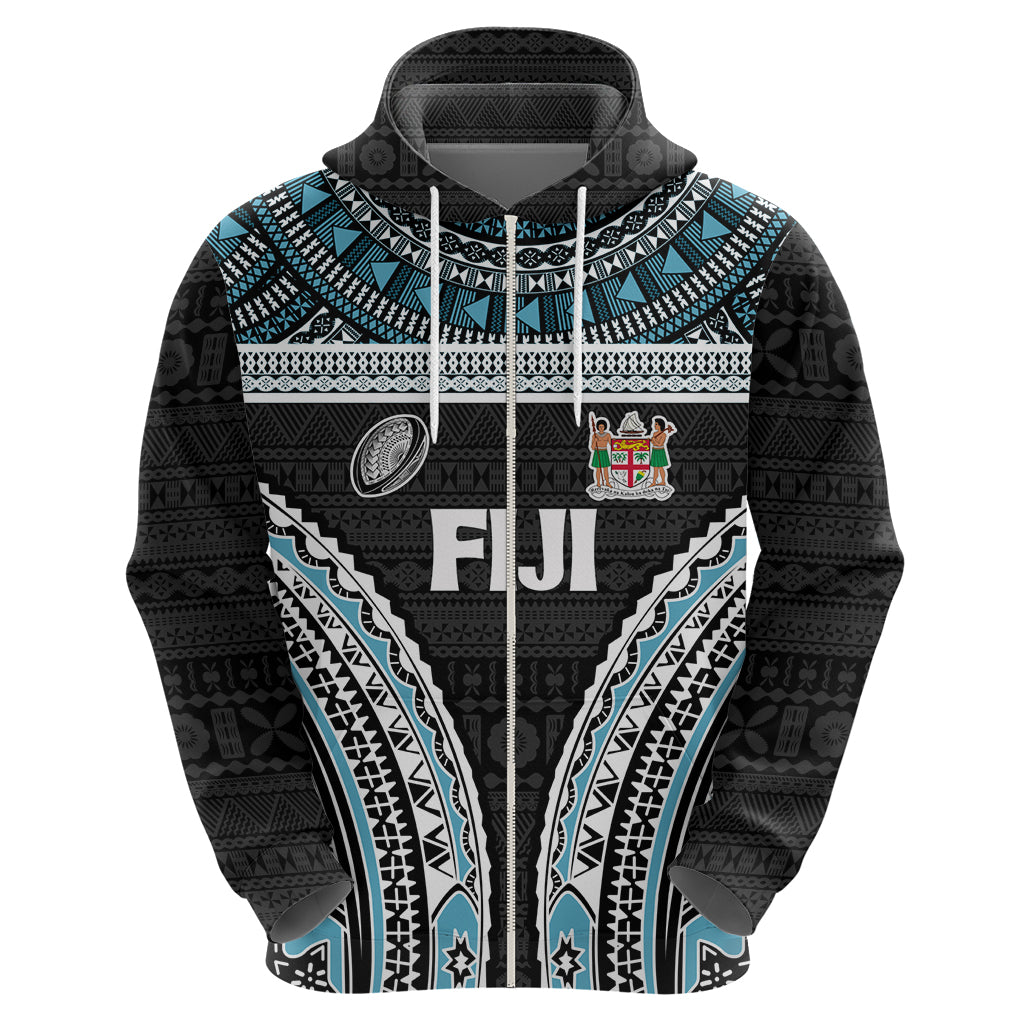 Custom Flying Fijians Rugby Zip Hoodie Tapa Tribal Cloth Black Color LT03 - Polynesian Pride