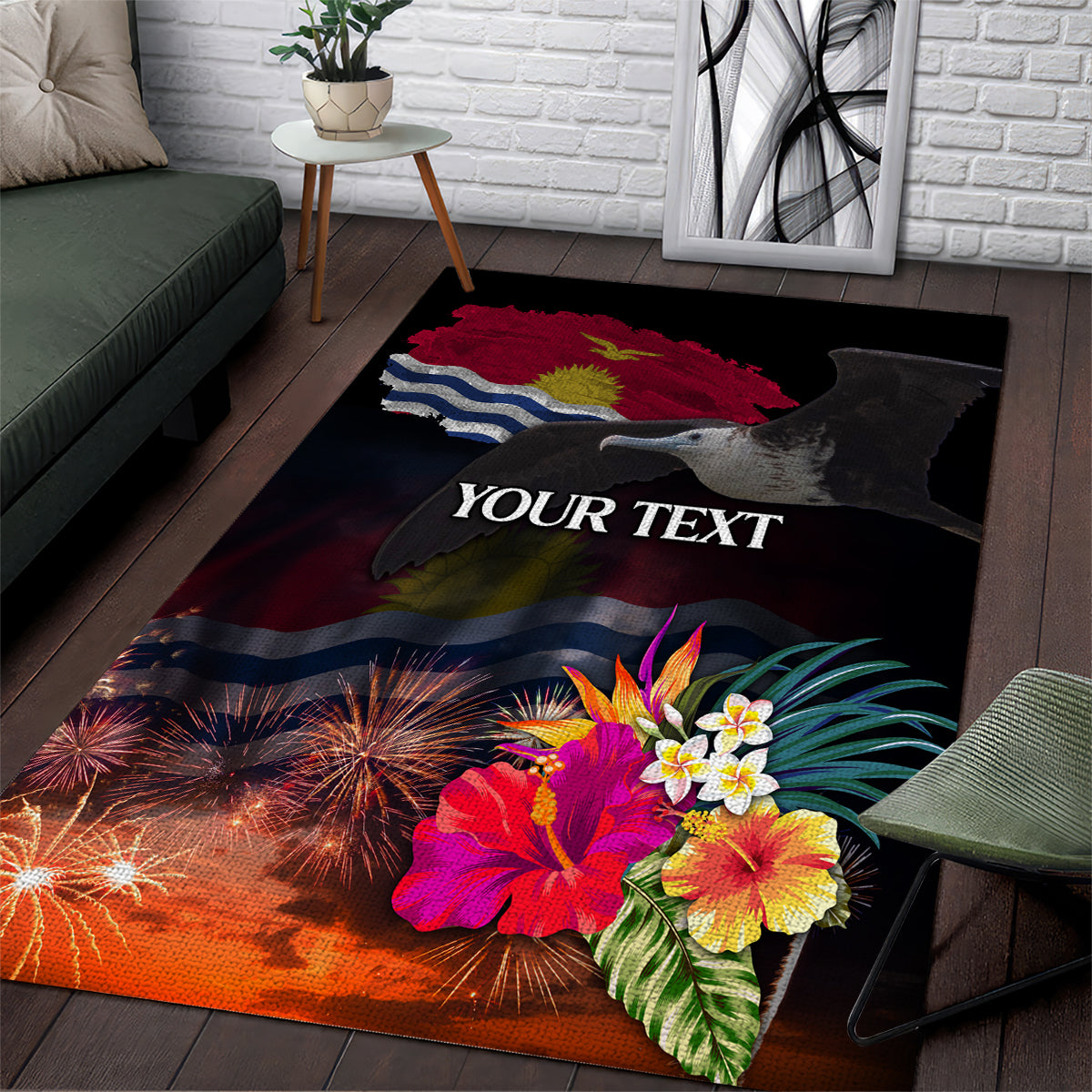 Personalised Kiribati Independence Day Area Rug Frigatebird and Plumeria Hibiscus Flower