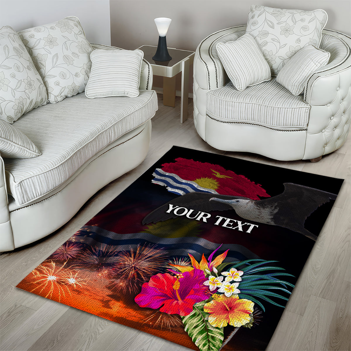 Personalised Kiribati Independence Day Area Rug Frigatebird and Plumeria Hibiscus Flower