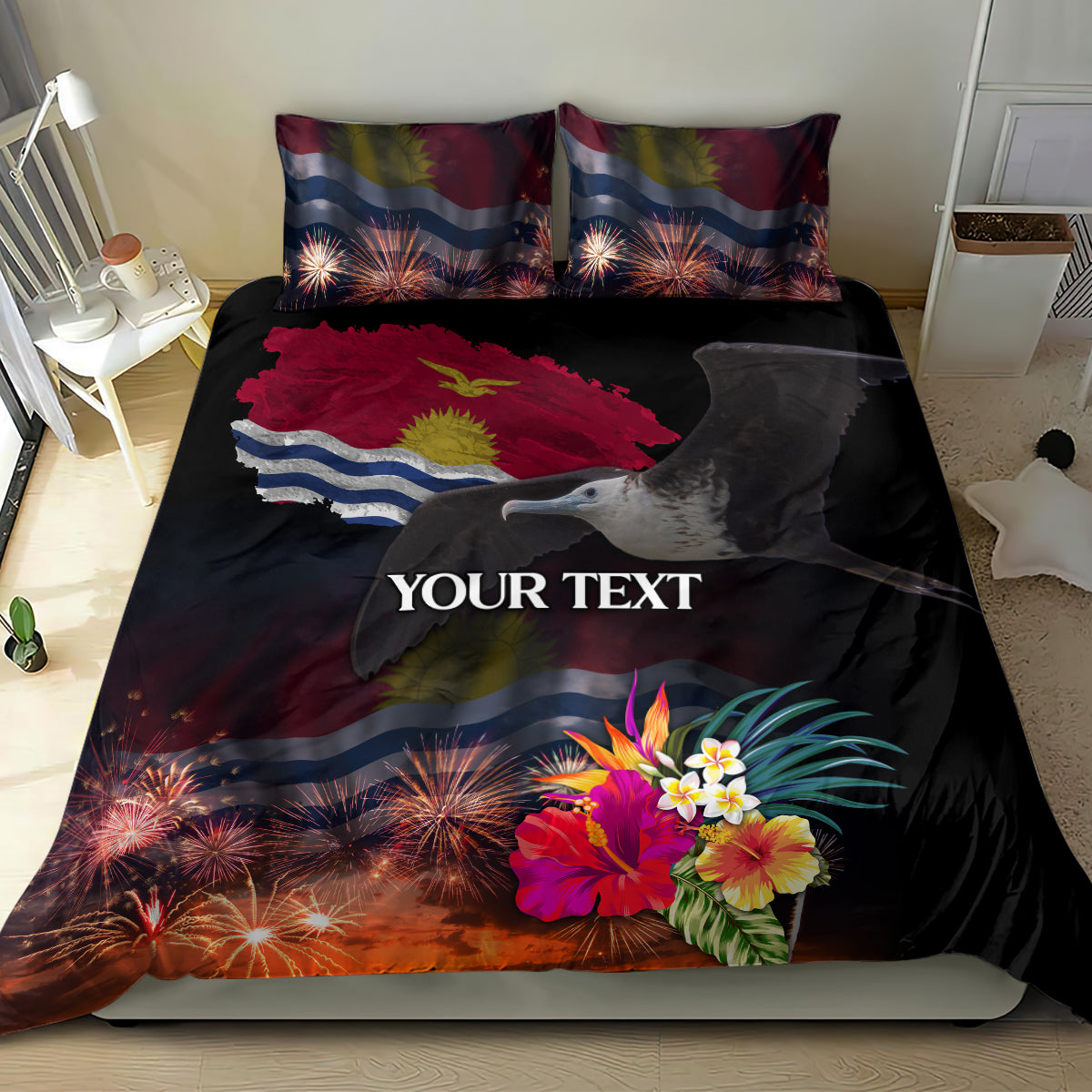 Personalised Kiribati Independence Day Bedding Set Frigatebird and Plumeria Hibiscus Flower