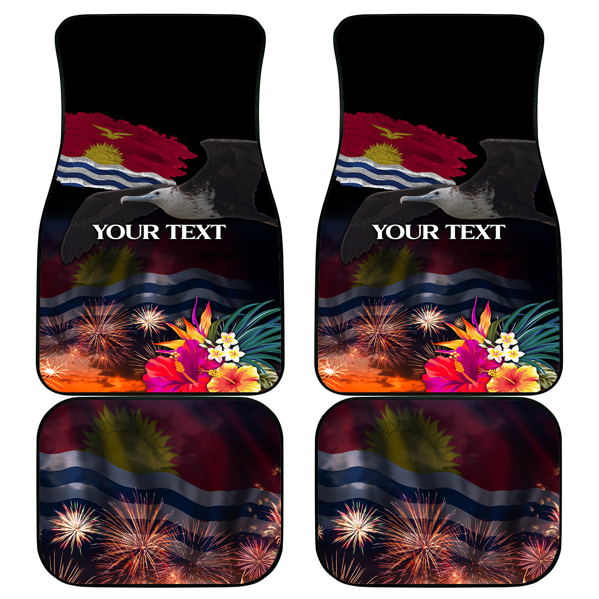 Personalised Kiribati Independence Day Car Mats Frigatebird and Plumeria Hibiscus Flower
