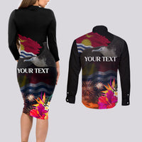 Kiribati Independence Day Couples Matching Long Sleeve Bodycon Dress and Long Sleeve Button Shirt Frigatebird and Plumeria Hibiscus Flower