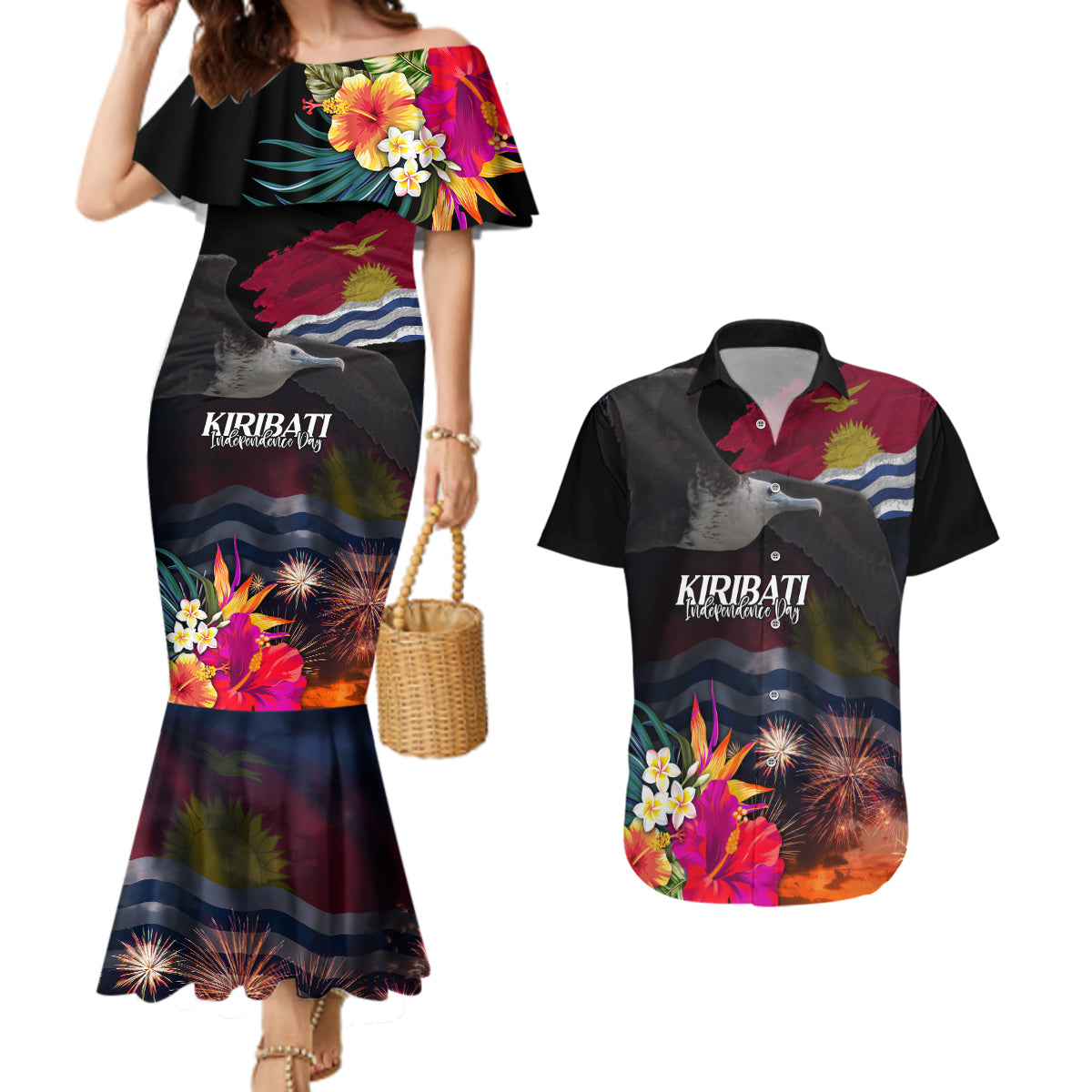 Kiribati Independence Day Couples Matching Mermaid Dress and Hawaiian Shirt Frigatebird and Plumeria Hibiscus Flower