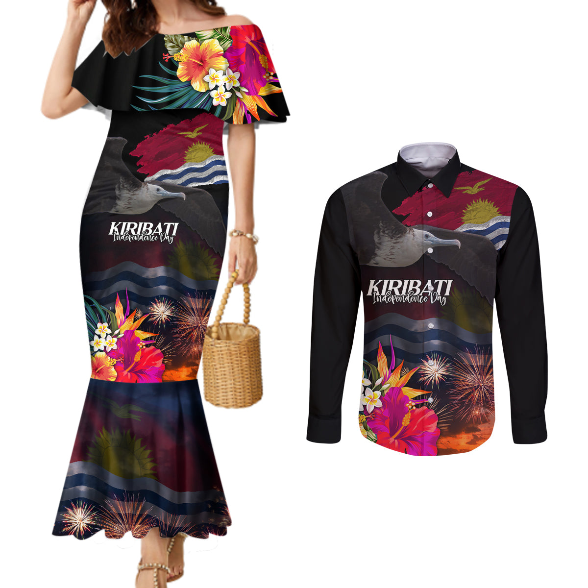 Kiribati Independence Day Couples Matching Mermaid Dress and Long Sleeve Button Shirt Frigatebird and Plumeria Hibiscus Flower