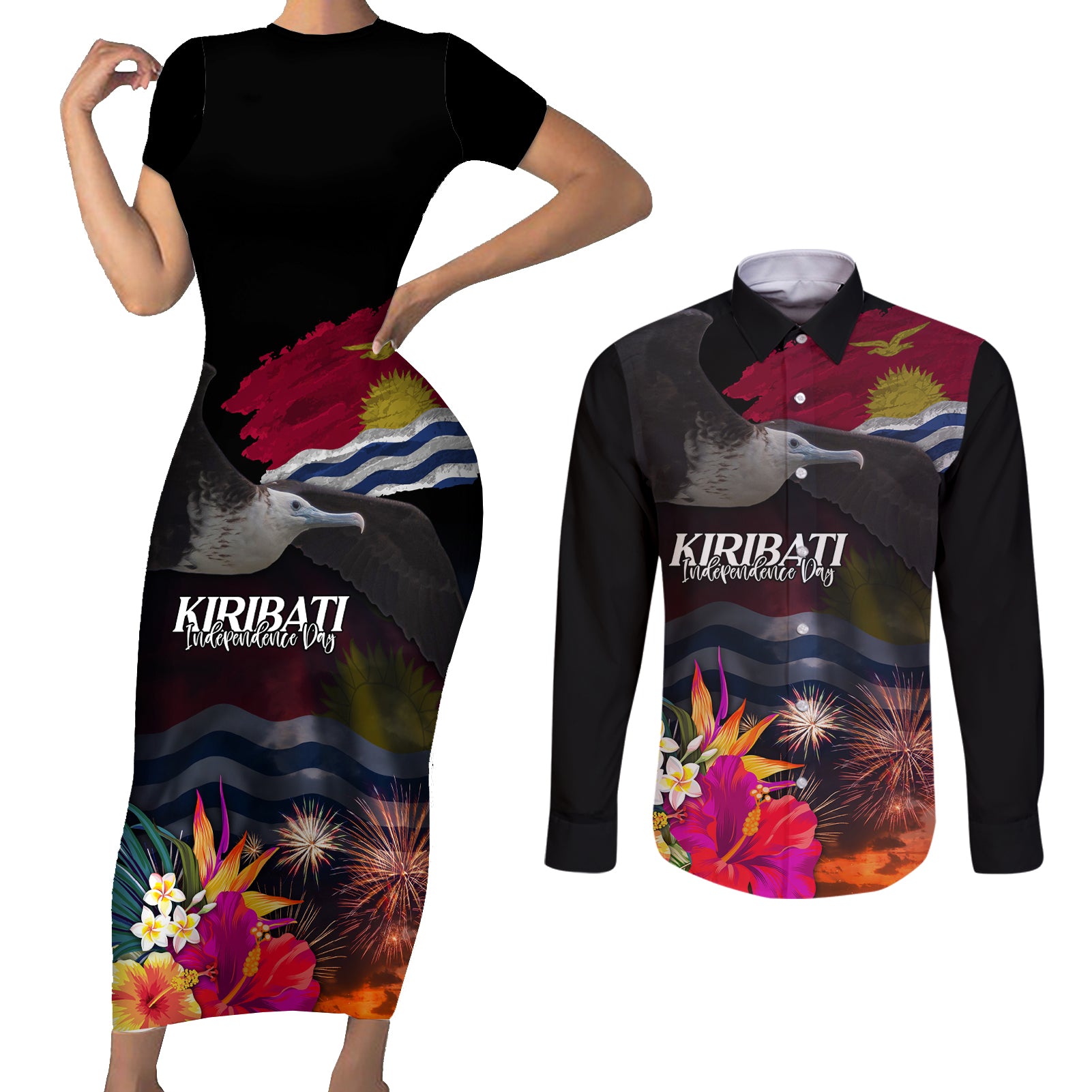 Kiribati Independence Day Couples Matching Short Sleeve Bodycon Dress and Long Sleeve Button Shirt Frigatebird and Plumeria Hibiscus Flower