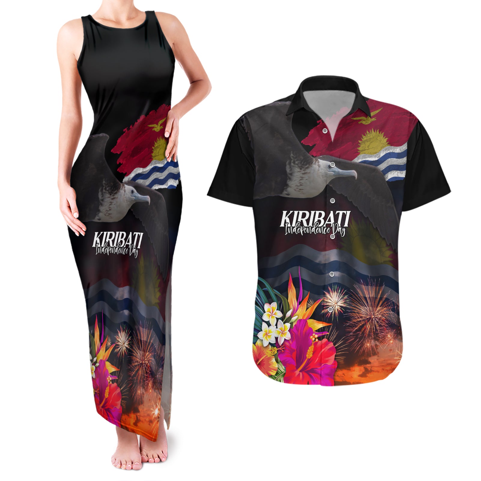 Kiribati Independence Day Couples Matching Tank Maxi Dress and Hawaiian Shirt Frigatebird and Plumeria Hibiscus Flower