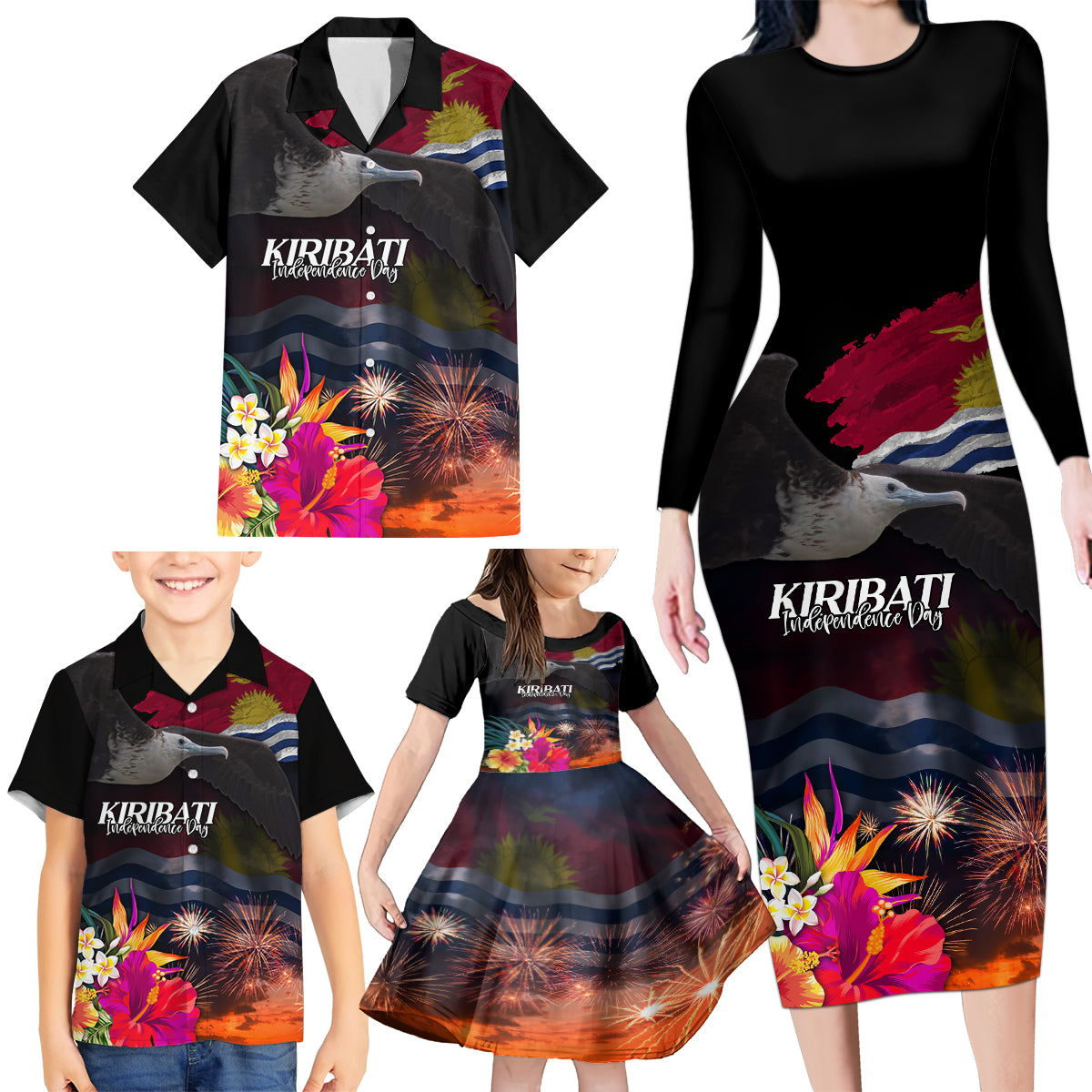 Kiribati Independence Day Family Matching Long Sleeve Bodycon Dress and Hawaiian Shirt Frigatebird and Plumeria Hibiscus Flower