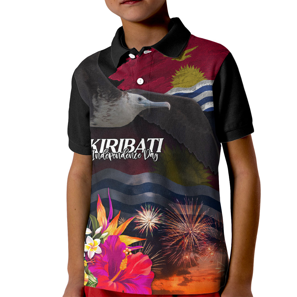 Kiribati Independence Day Kid Polo Shirt Frigatebird and Plumeria Hibiscus Flower