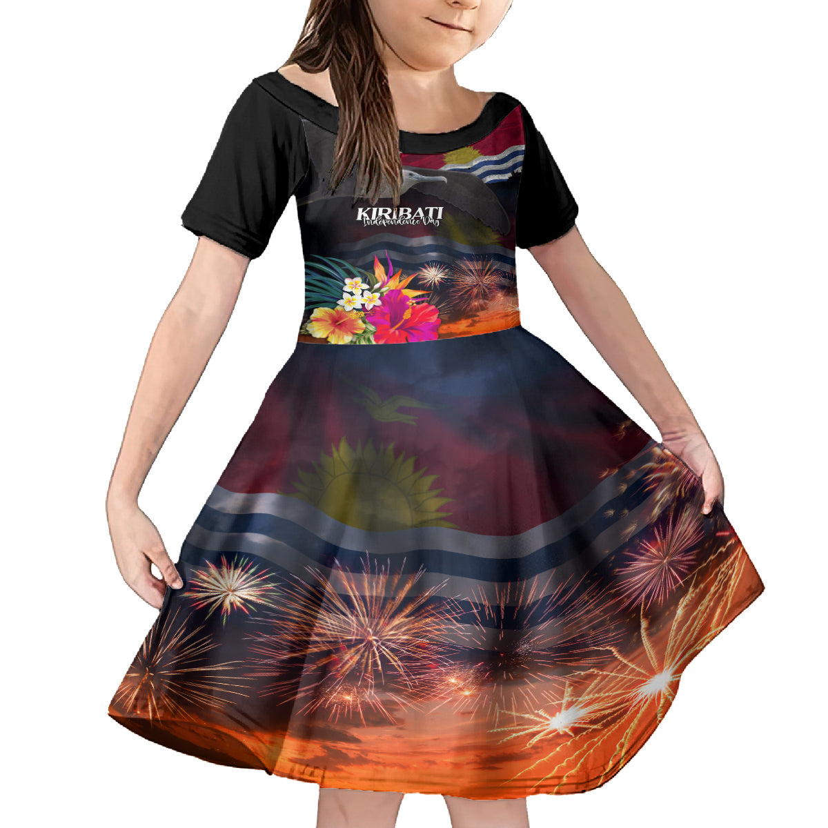 Kiribati Independence Day Kid Short Sleeve Dress Frigatebird and Plumeria Hibiscus Flower