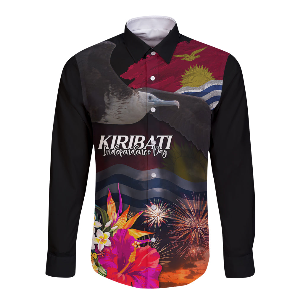 Kiribati Independence Day Long Sleeve Button Shirt Frigatebird and Plumeria Hibiscus Flower