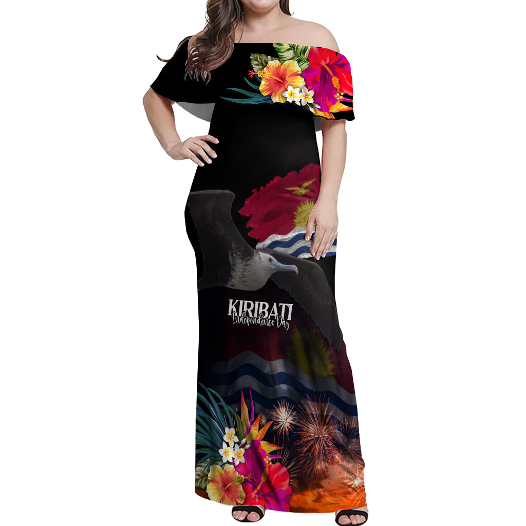 Kiribati Independence Day Off Shoulder Maxi Dress Frigatebird and Plumeria Hibiscus Flower