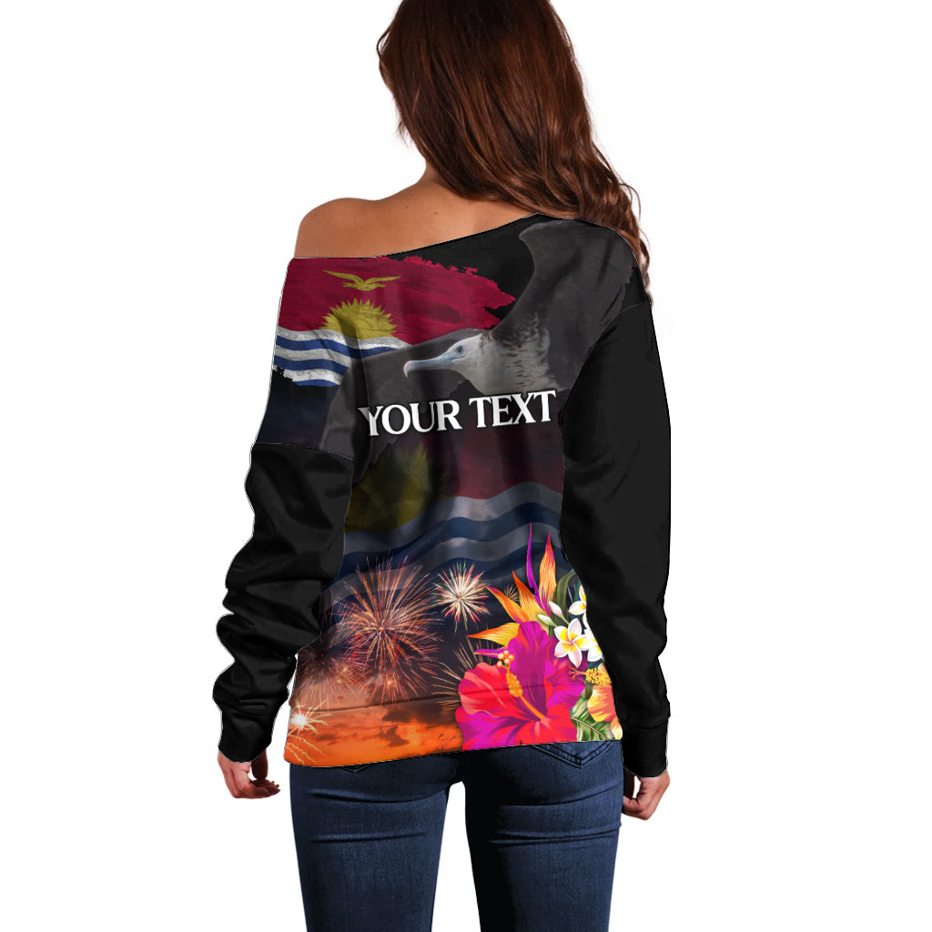 Kiribati Independence Day Off Shoulder Sweater Frigatebird and Plumeria Hibiscus Flower