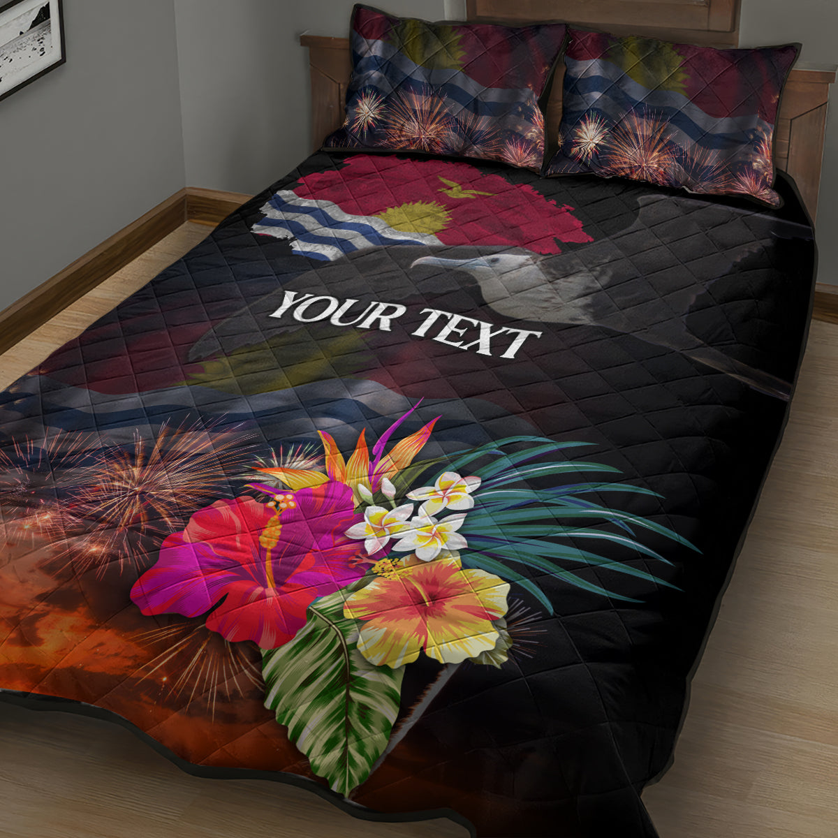 Personalised Kiribati Independence Day Quilt Bed Set Frigatebird and Plumeria Hibiscus Flower