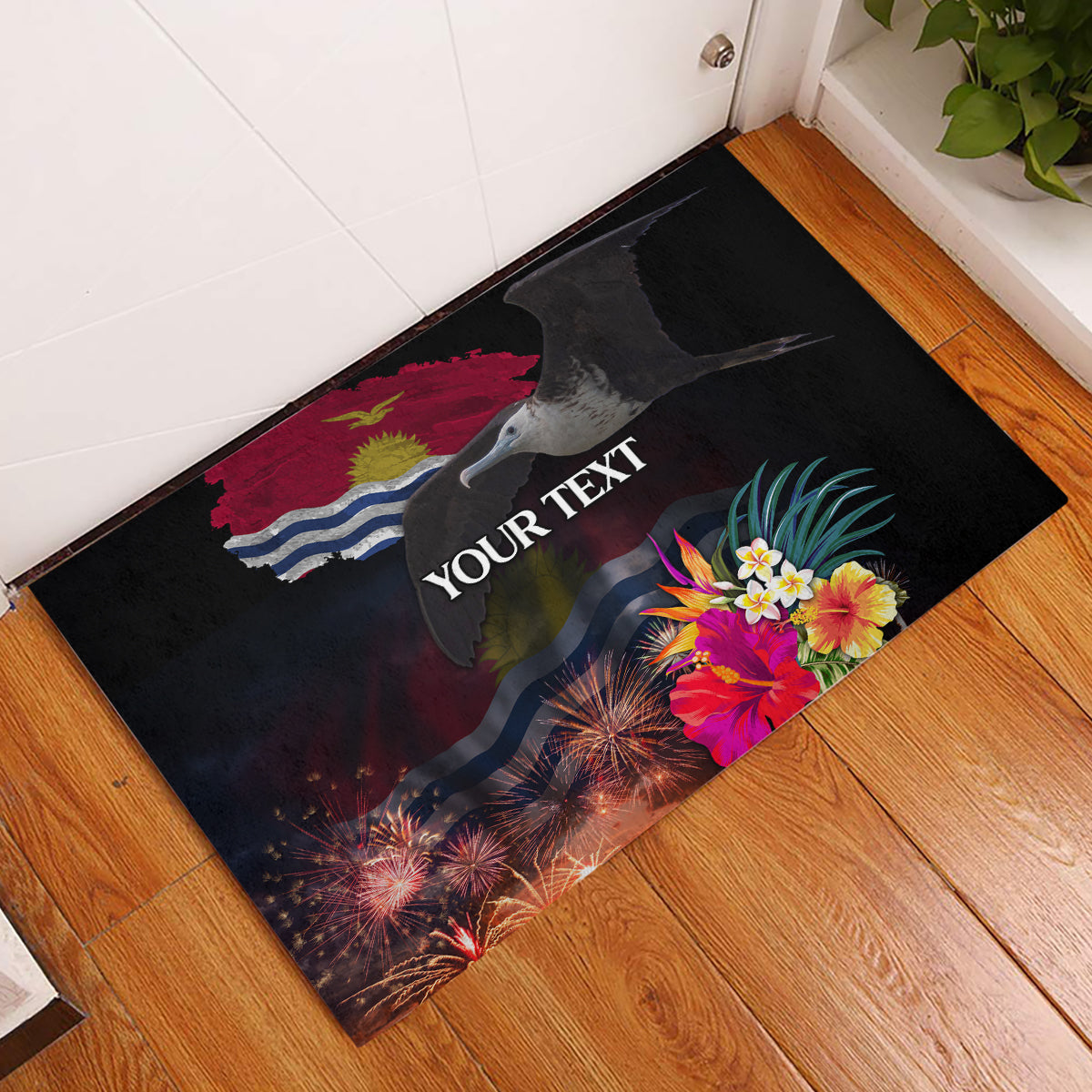 Personalised Kiribati Independence Day Rubber Doormat Frigatebird and Plumeria Hibiscus Flower