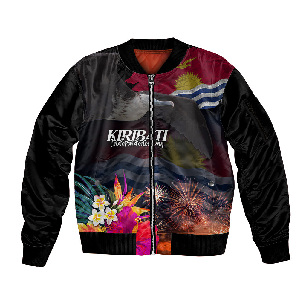 Kiribati Independence Day Sleeve Zip Bomber Jacket Frigatebird and Plumeria Hibiscus Flower