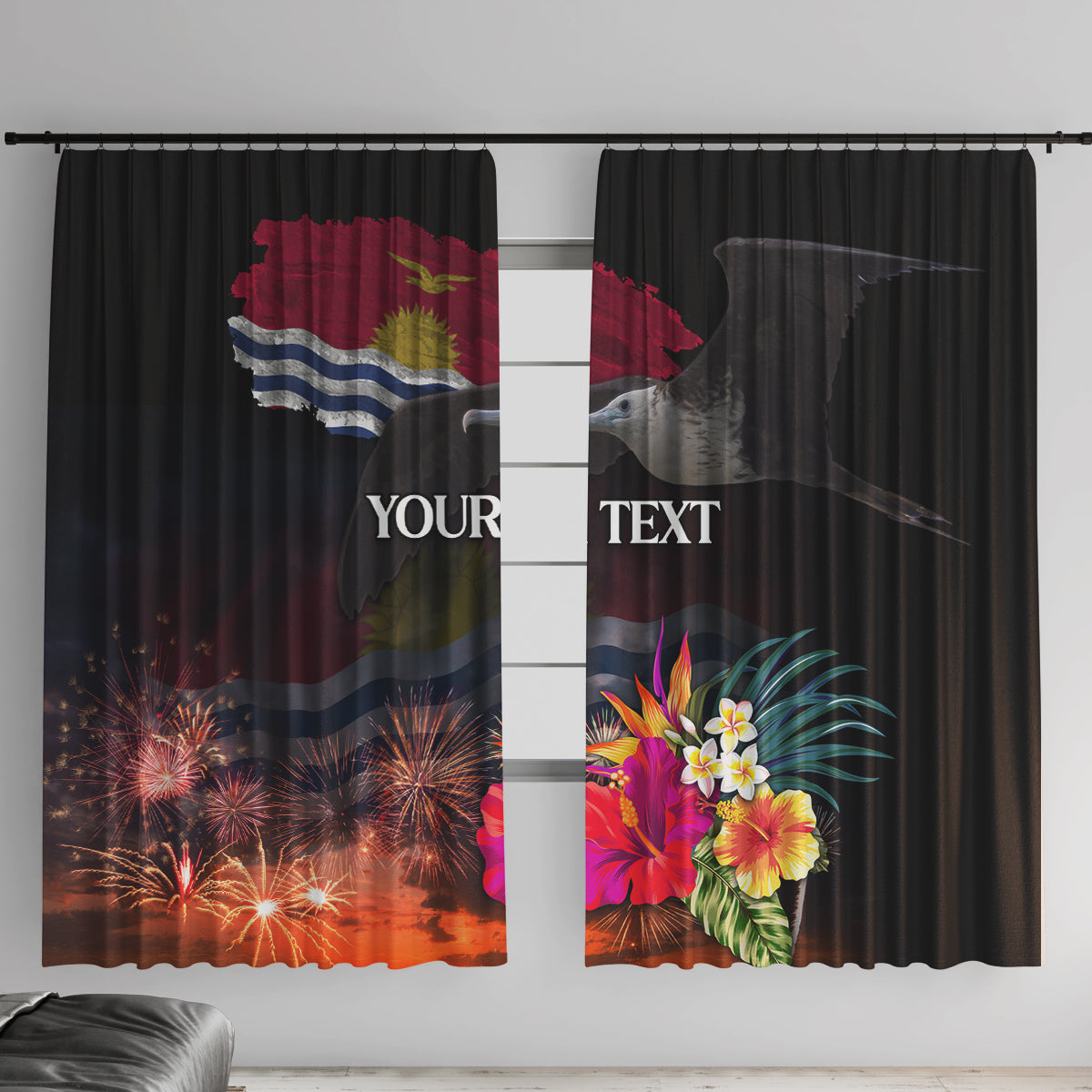 Personalised Kiribati Independence Day Window Curtain Frigatebird and Plumeria Hibiscus Flower