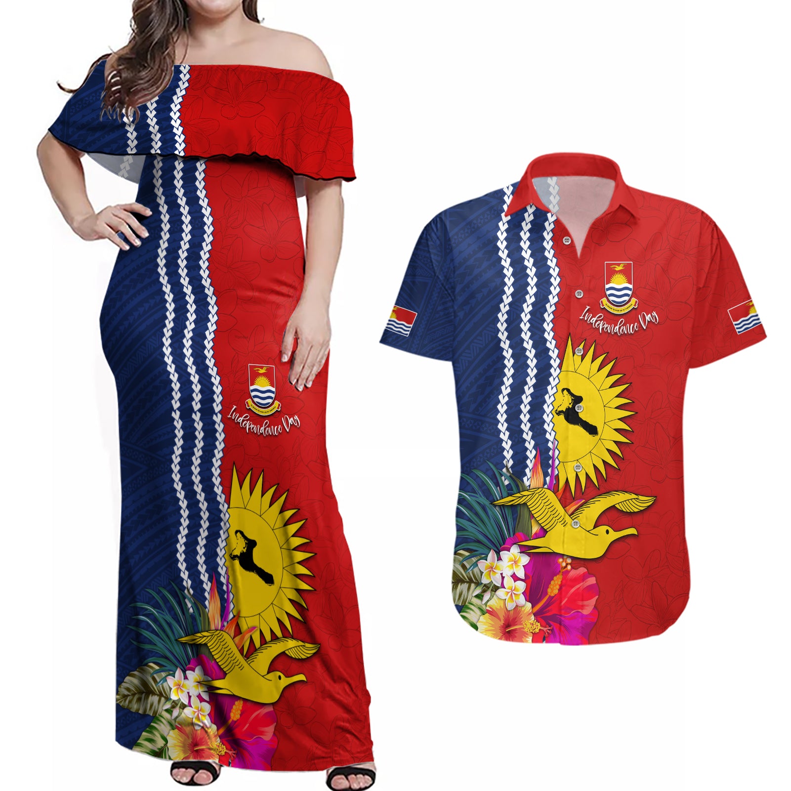 Kiribati Independence Day Couples Matching Off Shoulder Maxi Dress and Hawaiian Shirt Kiribati Map With Flag Color