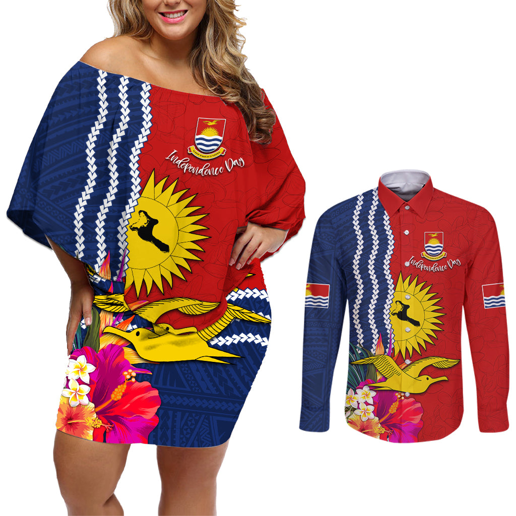 Kiribati Independence Day Couples Matching Off Shoulder Short Dress and Long Sleeve Button Shirt Kiribati Map With Flag Color