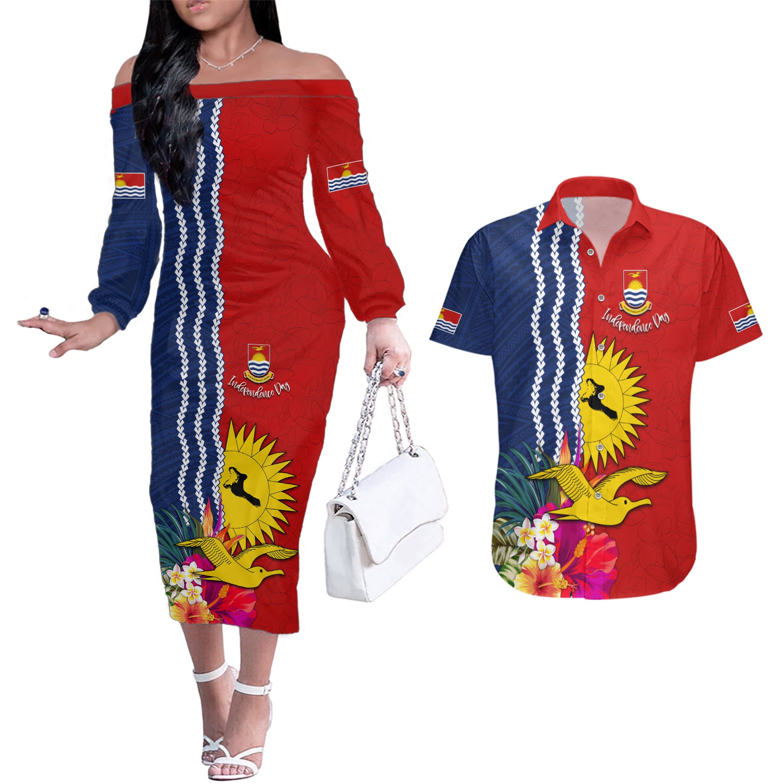 Kiribati Independence Day Couples Matching Off The Shoulder Long Sleeve Dress and Hawaiian Shirt Kiribati Map With Flag Color