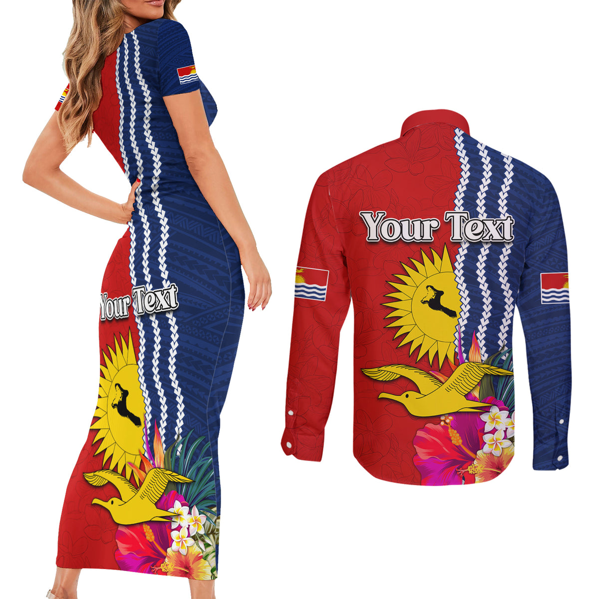 Kiribati Independence Day Couples Matching Short Sleeve Bodycon Dress and Long Sleeve Button Shirt Kiribati Map With Flag Color
