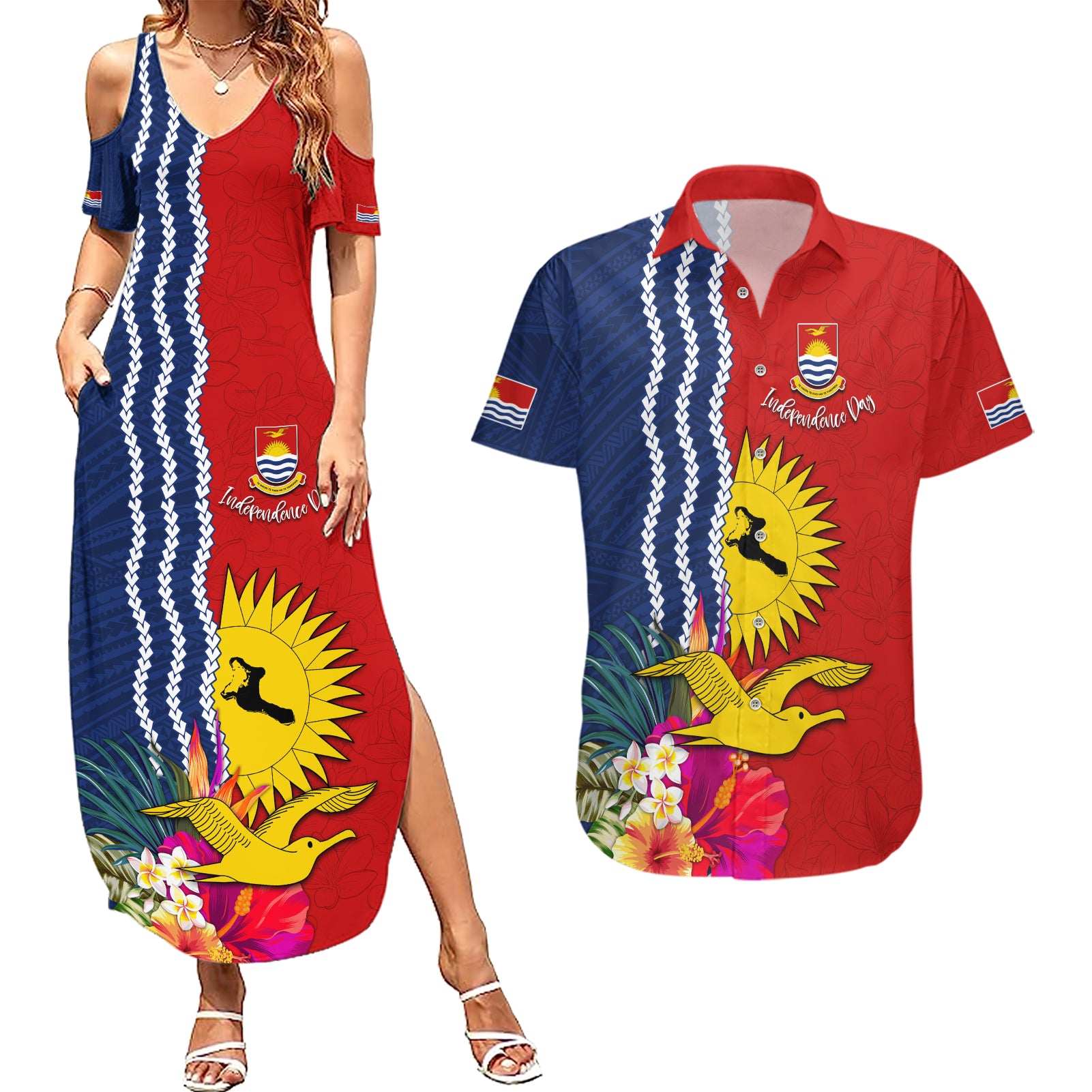 Kiribati Independence Day Couples Matching Summer Maxi Dress and Hawaiian Shirt Kiribati Map With Flag Color