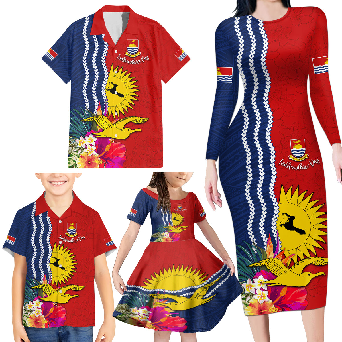 Kiribati Independence Day Family Matching Long Sleeve Bodycon Dress and Hawaiian Shirt Kiribati Map With Flag Color