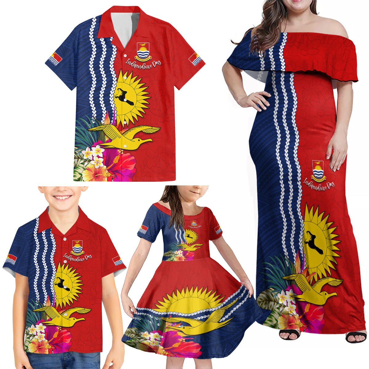 Kiribati Independence Day Family Matching Off Shoulder Maxi Dress and Hawaiian Shirt Kiribati Map With Flag Color