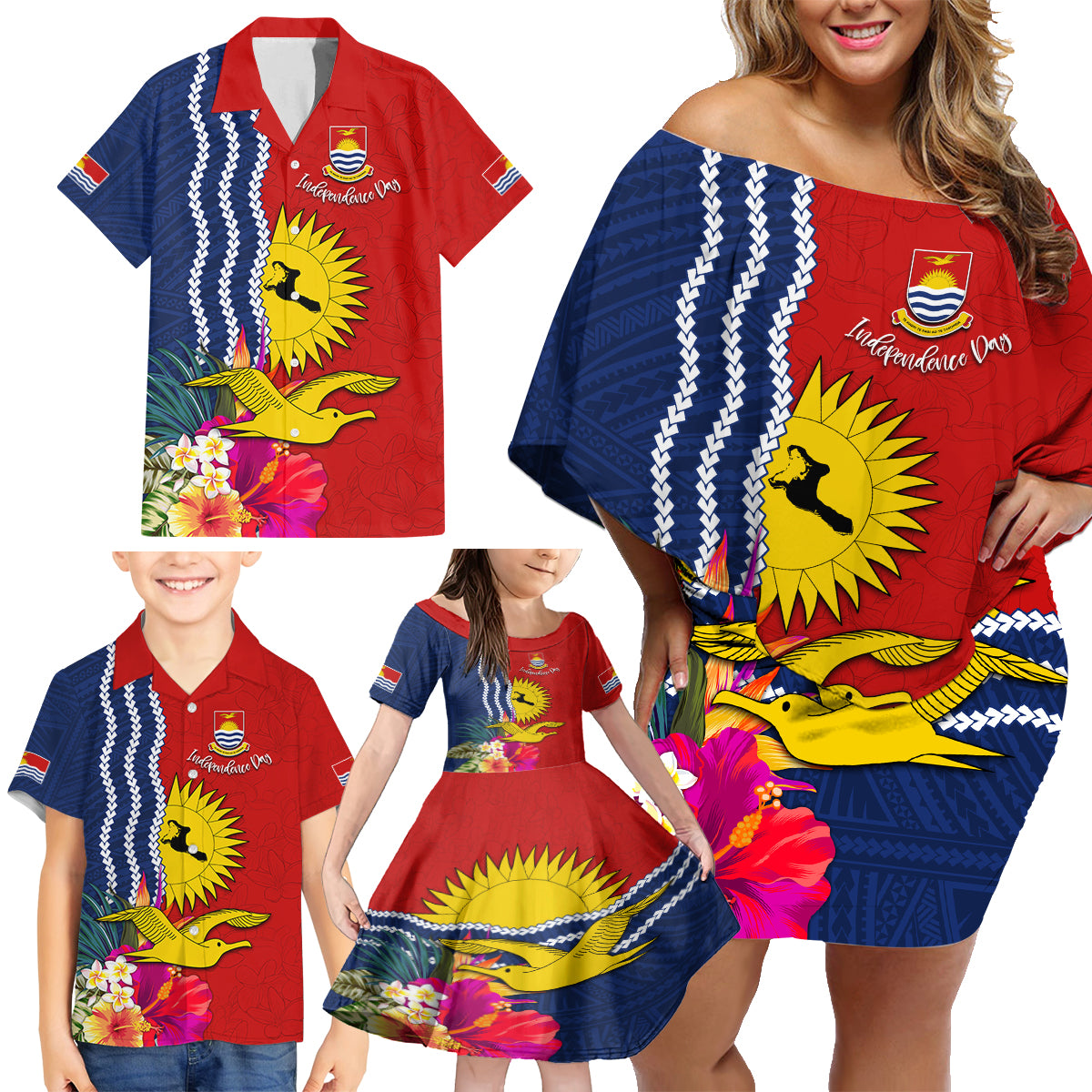 Kiribati Independence Day Family Matching Off Shoulder Short Dress and Hawaiian Shirt Kiribati Map With Flag Color