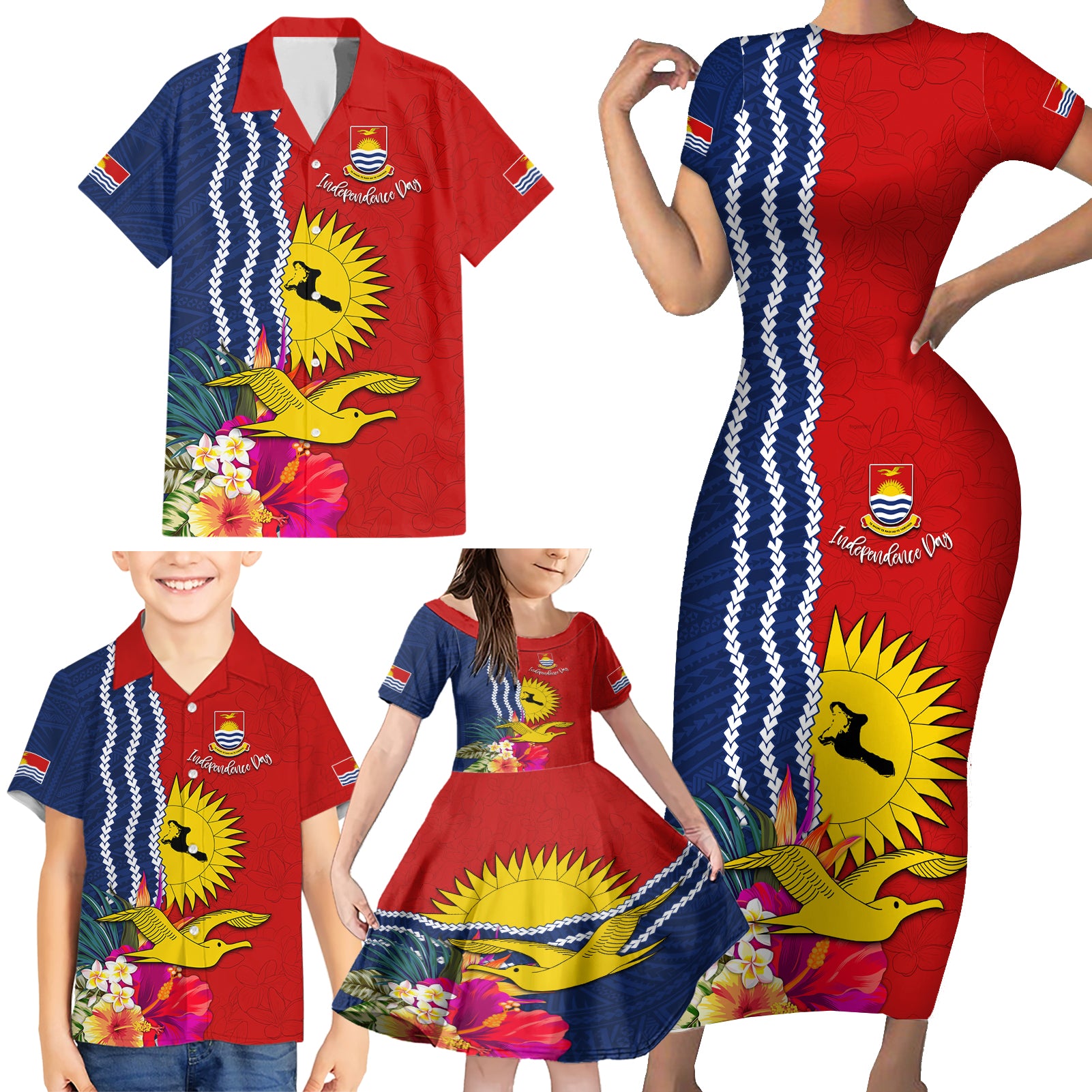 Kiribati Independence Day Family Matching Short Sleeve Bodycon Dress and Hawaiian Shirt Kiribati Map With Flag Color