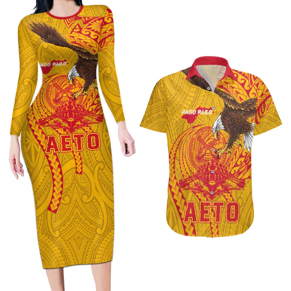Personalized American Samoa Fautasi Race Couples Matching Long Sleeve Bodycon Dress and Hawaiian Shirt Aeto Pago Pago with Eagle Samoan Tribal Patterns