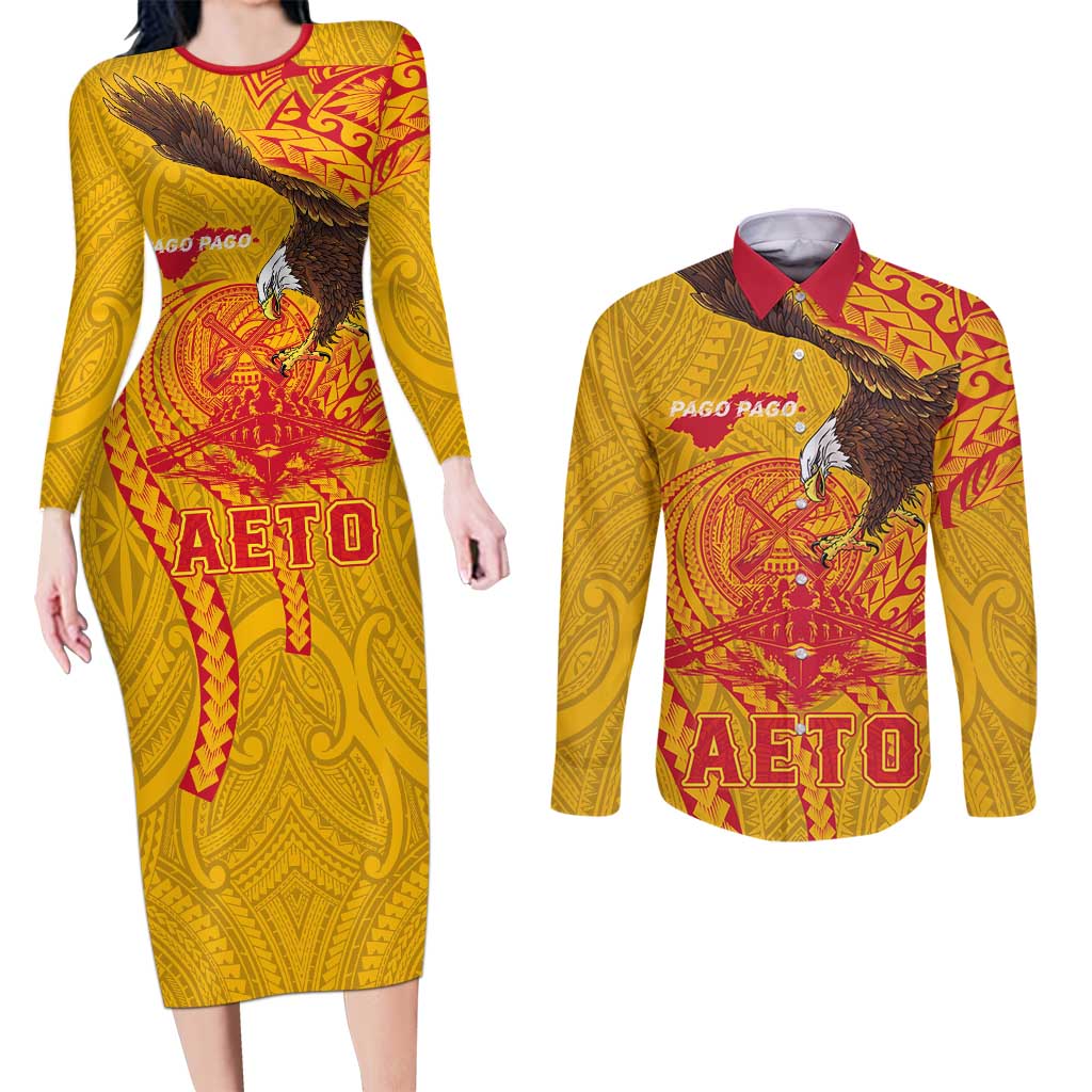Personalized American Samoa Fautasi Race Couples Matching Long Sleeve Bodycon Dress and Long Sleeve Button Shirt Aeto Pago Pago with Eagle Samoan Tribal Patterns