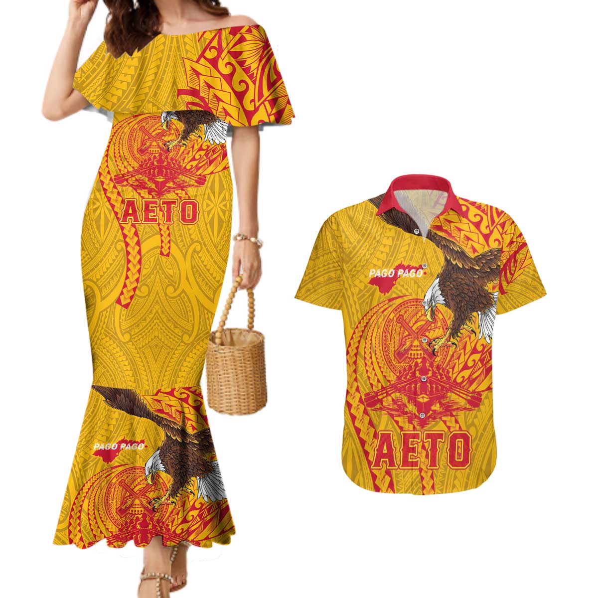 Personalized American Samoa Fautasi Race Couples Matching Mermaid Dress and Hawaiian Shirt Aeto Pago Pago with Eagle Samoan Tribal Patterns