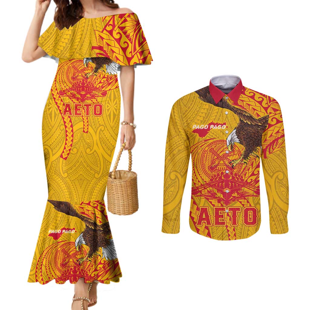 Personalized American Samoa Fautasi Race Couples Matching Mermaid Dress and Long Sleeve Button Shirt Aeto Pago Pago with Eagle Samoan Tribal Patterns
