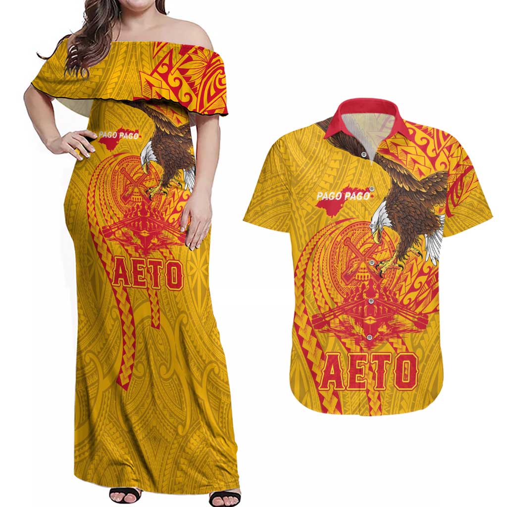 Personalized American Samoa Fautasi Race Couples Matching Off Shoulder Maxi Dress and Hawaiian Shirt Aeto Pago Pago with Eagle Samoan Tribal Patterns