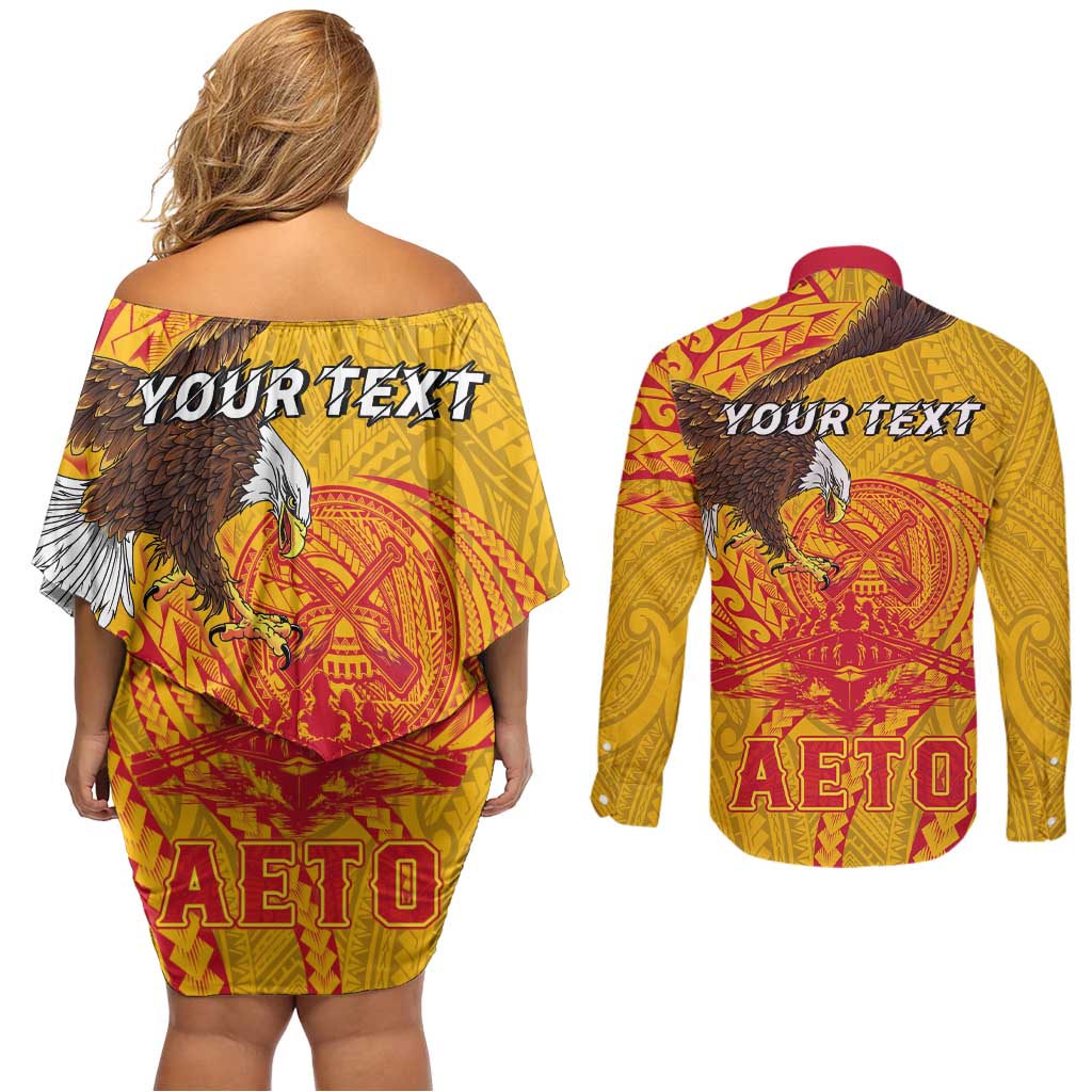 Personalized American Samoa Fautasi Race Couples Matching Off Shoulder Short Dress and Long Sleeve Button Shirt Aeto Pago Pago with Eagle Samoan Tribal Patterns