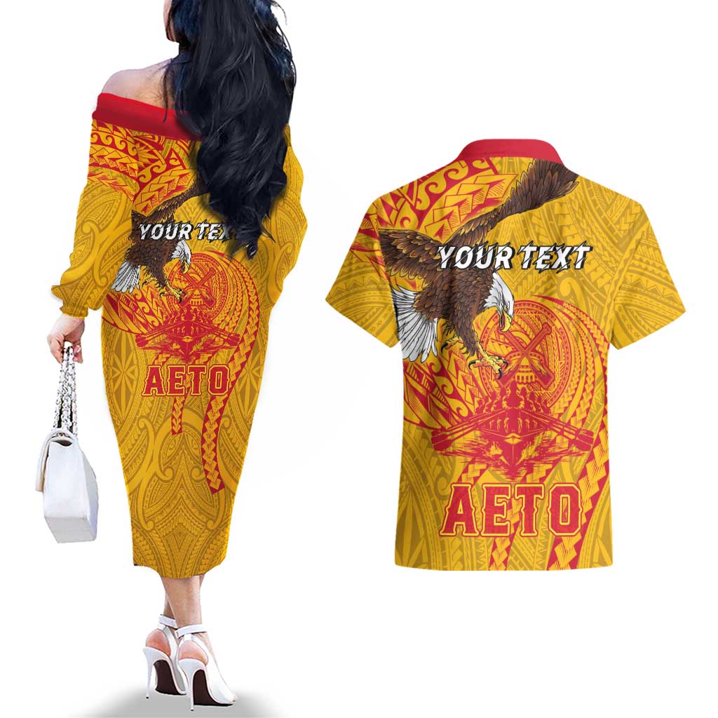 Personalized American Samoa Fautasi Race Couples Matching Off The Shoulder Long Sleeve Dress and Hawaiian Shirt Aeto Pago Pago with Eagle Samoan Tribal Patterns
