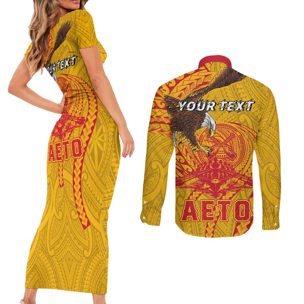 Personalized American Samoa Fautasi Race Couples Matching Short Sleeve Bodycon Dress and Long Sleeve Button Shirt Aeto Pago Pago with Eagle Samoan Tribal Patterns