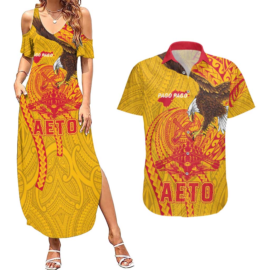 Personalized American Samoa Fautasi Race Couples Matching Summer Maxi Dress and Hawaiian Shirt Aeto Pago Pago with Eagle Samoan Tribal Patterns