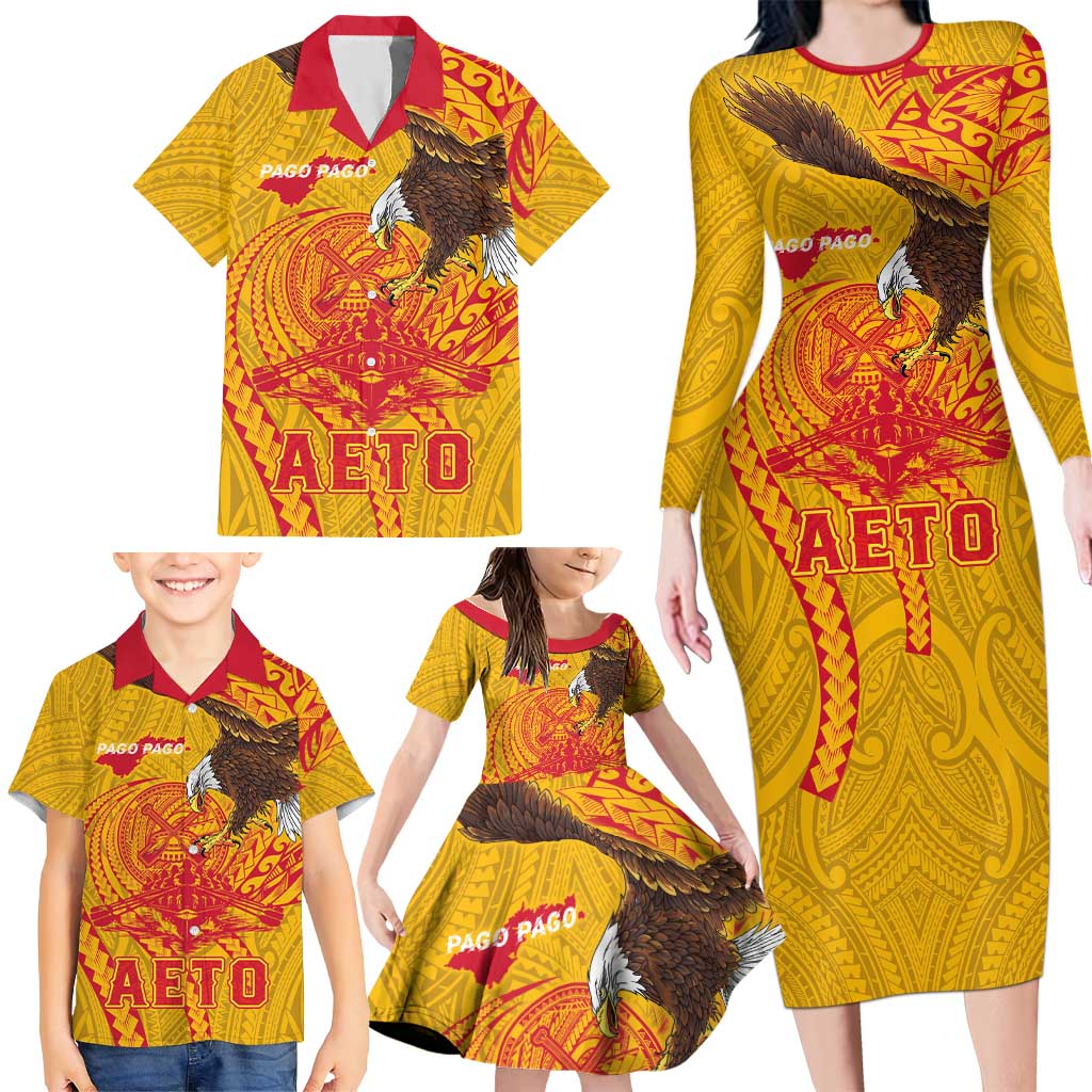 Personalized American Samoa Fautasi Race Family Matching Long Sleeve Bodycon Dress and Hawaiian Shirt Aeto Pago Pago with Eagle Samoan Tribal Patterns LT03 - Polynesian Pride