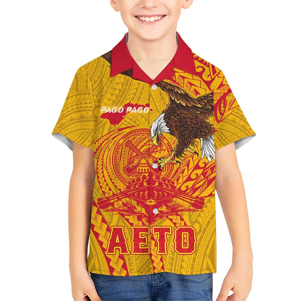 Personalized American Samoa Fautasi Race Family Matching Off Shoulder Maxi Dress and Hawaiian Shirt Aeto Pago Pago with Eagle Samoan Tribal Patterns LT03 Son's Shirt Multicolor - Polynesian Pride