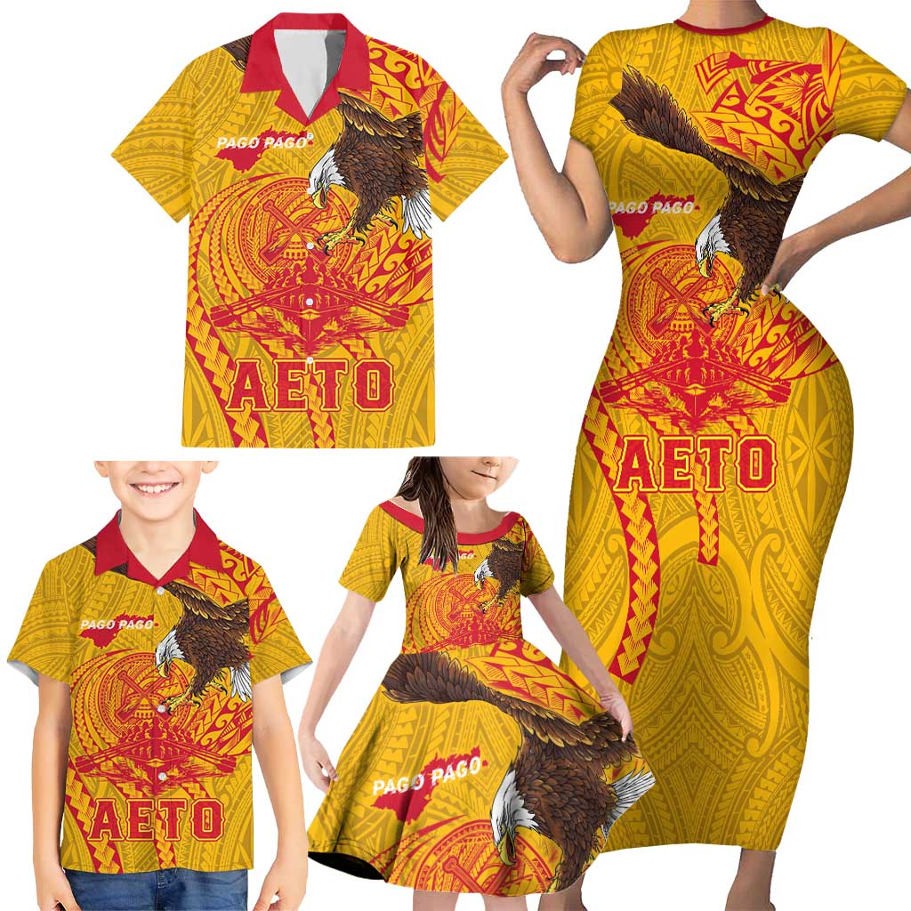 Personalized American Samoa Fautasi Race Family Matching Short Sleeve Bodycon Dress and Hawaiian Shirt Aeto Pago Pago with Eagle Samoan Tribal Patterns