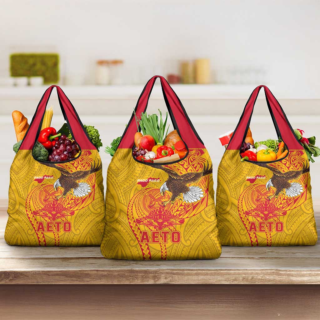 American Samoa Fautasi Race Grocery Bag Aeto Pago Pago with Eagle Samoan Tribal Patterns
